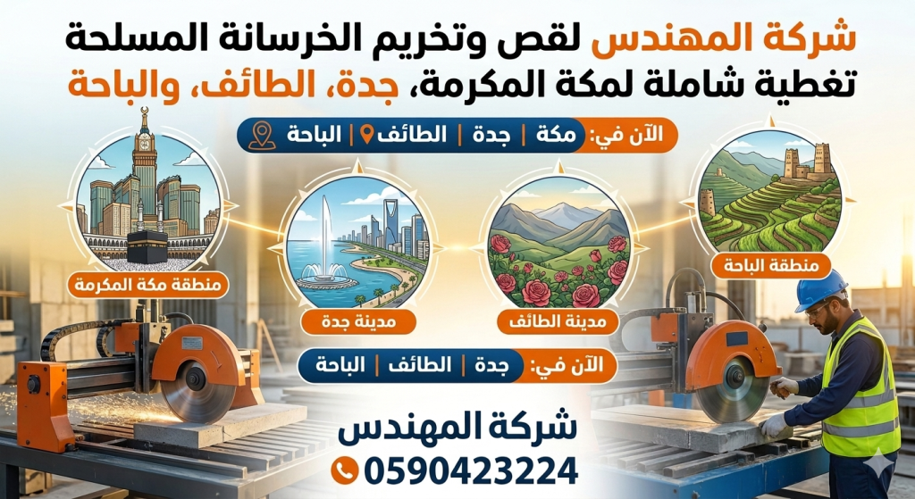 عامل يقوم بقص الخرسانة باستخدام منشار ماسي متخصص في موقع بناء مع ارتداء معدات السلامة الكاملة لتنفيذ أعمال القص بدقة وأمان