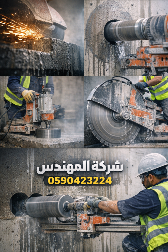 عامل يقوم بتخريم الخرسانة بالكور وآخر ينفذ قص الخرسانة بالمنشار الماسي بدقة عالية